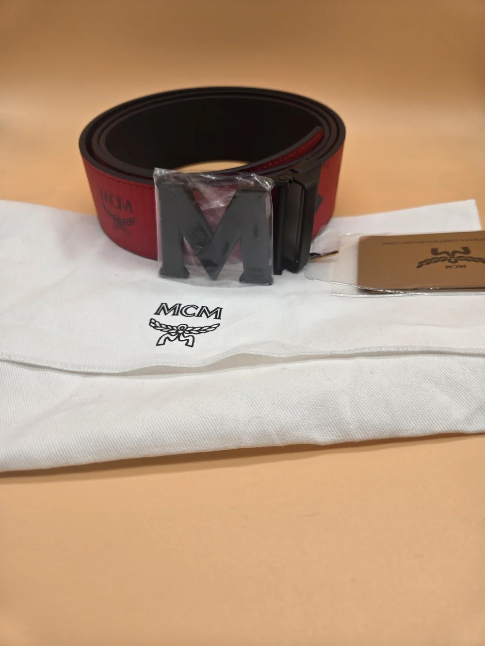 MCM Red Logo Strap Belt with Black 'M' Buckle